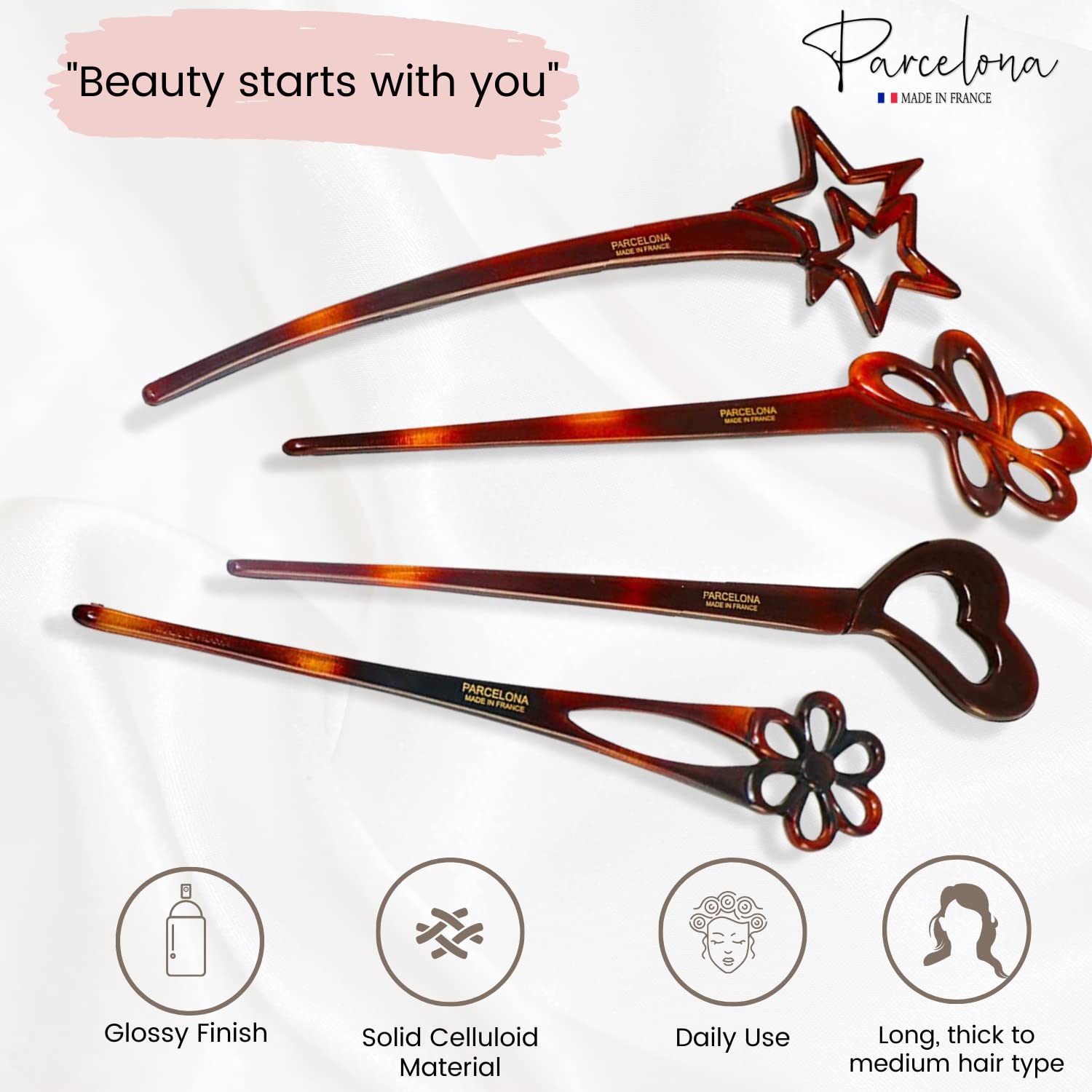 Parcelona French Lavish Large Shell Cellulose Hair Bun Sticks for Women(4 Pcs)
