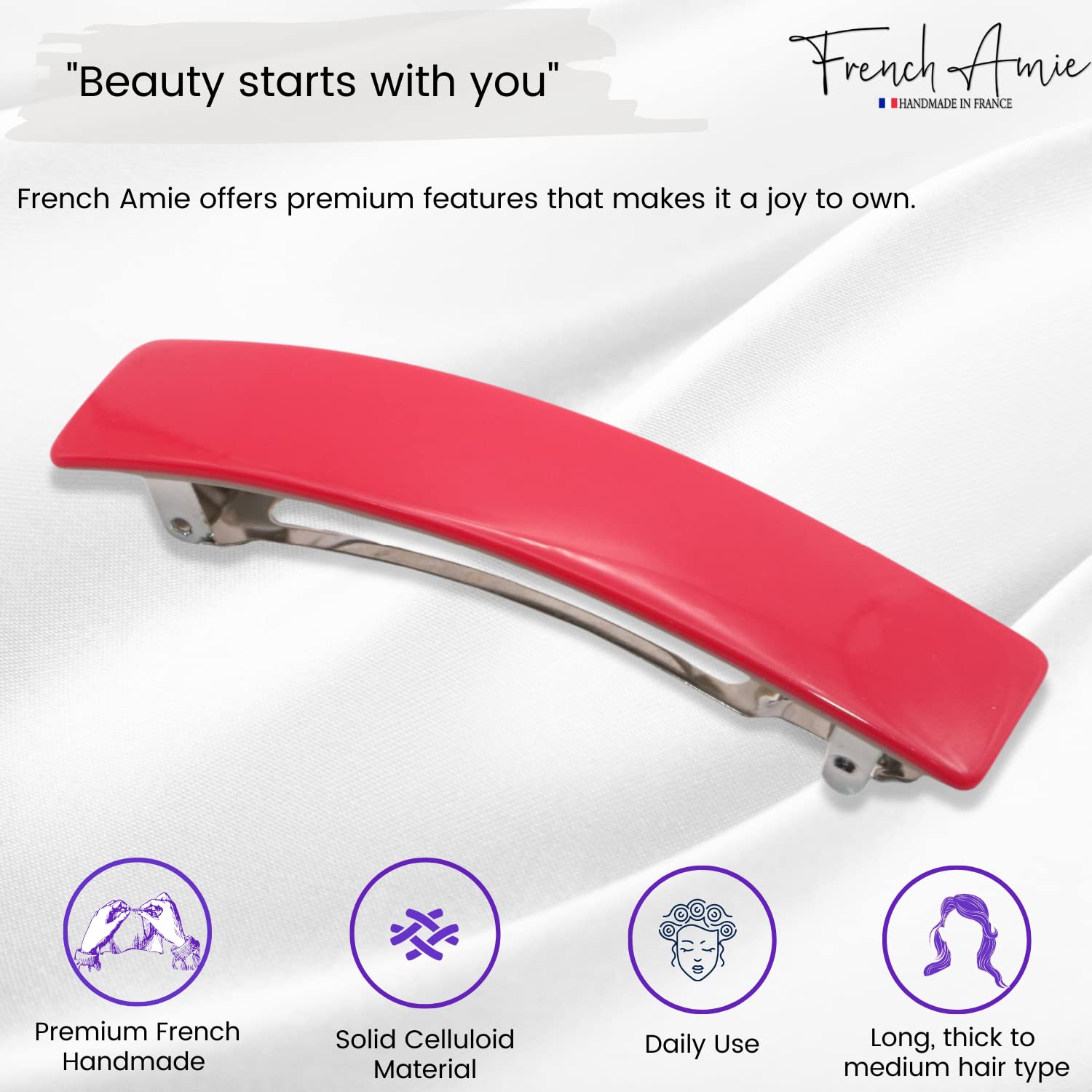 French Amie Oblong 3 1/2" Cellulose Handmade Automatic Hair Barrette for Women