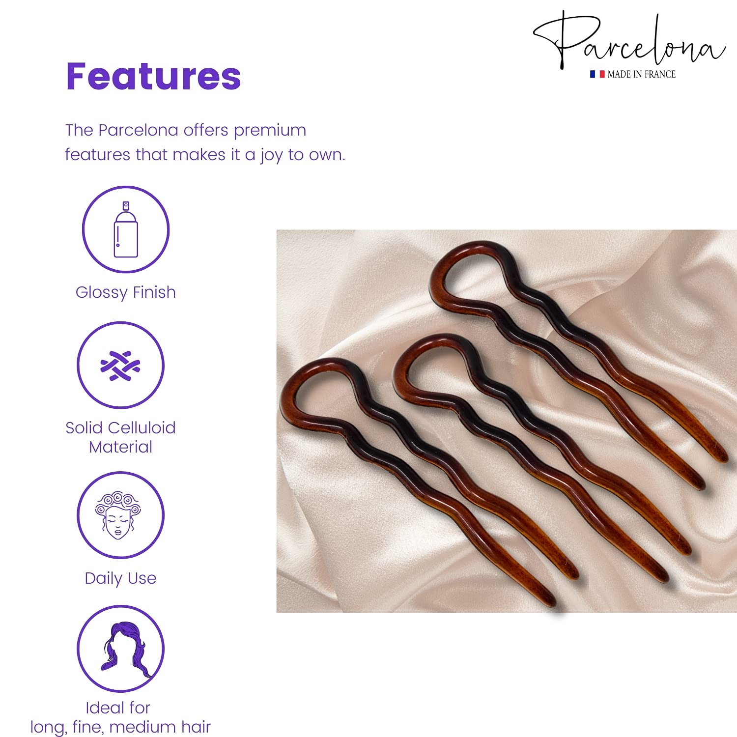 Parcelona French Sleek 3 1/2" Cellulose Wavy U Shaped Hair Pins for Women(3 Pcs)