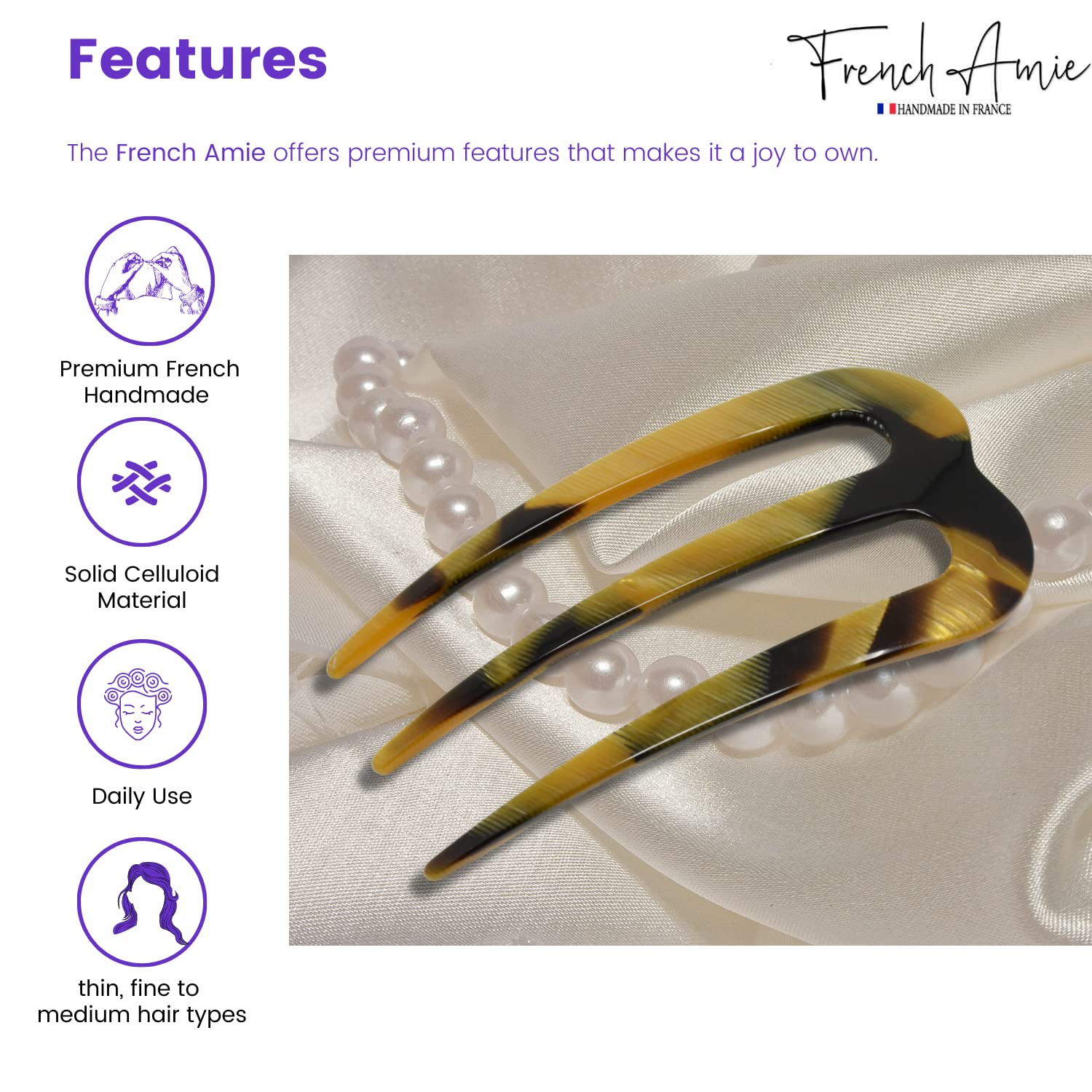 French Amie Tri Prongs 3" Medium Handmade Cellulose Bun Holder Women Hair Pin