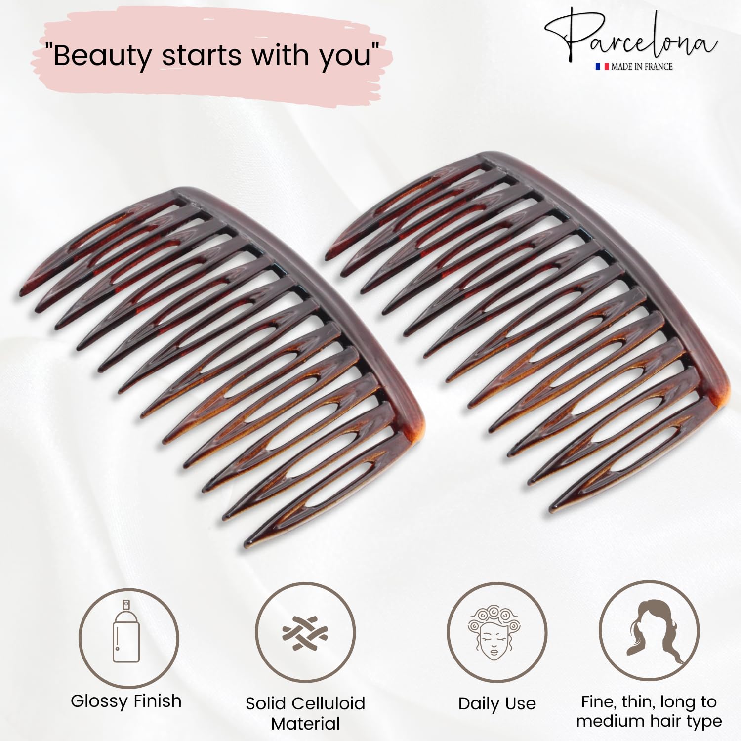 Parcelona French Compact Curved Fit Shell Small Cellulose Side Hair Combs(2 Pcs)