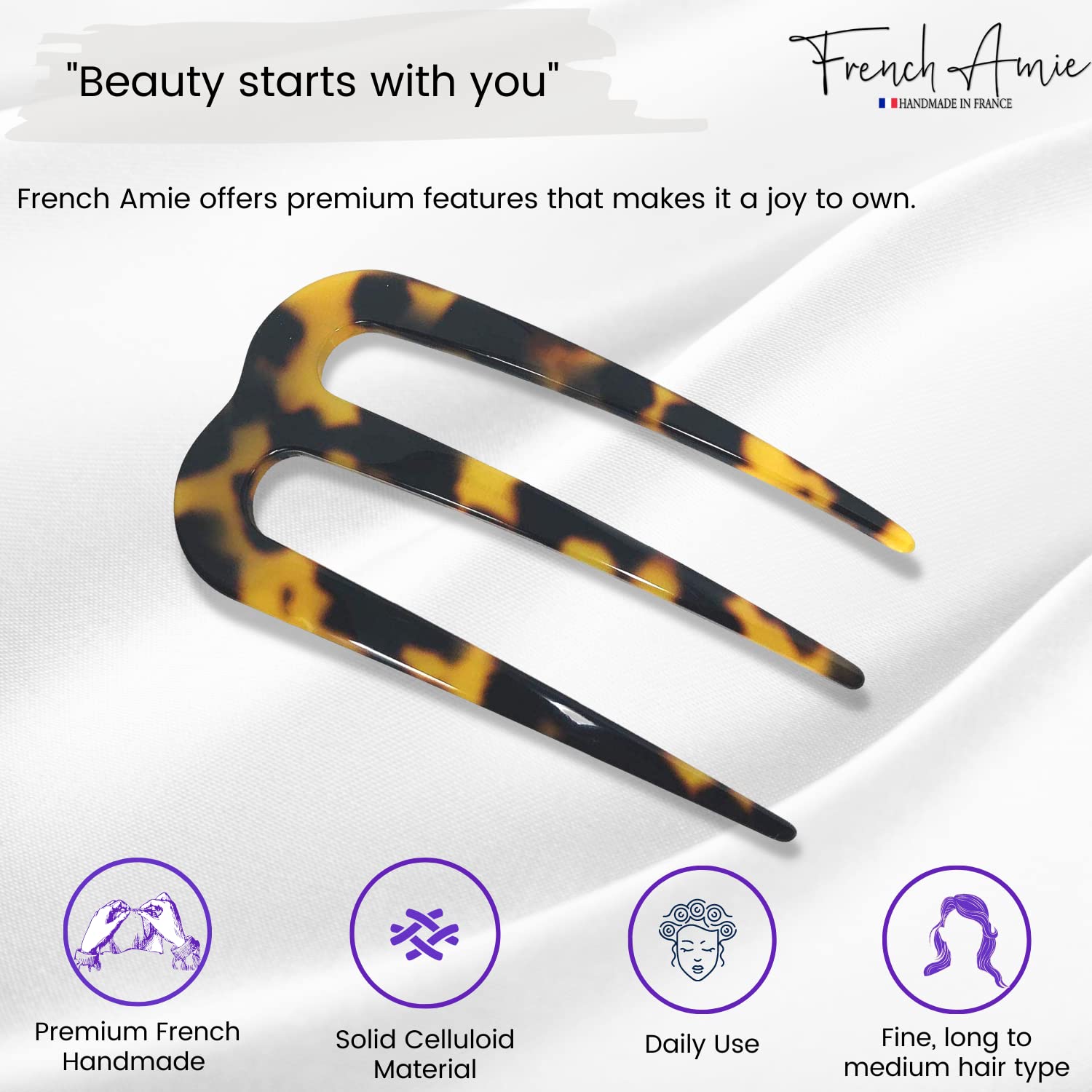 French Amie Tri Prongs 3" Medium Handmade Cellulose Bun Holder Women Hair Pin