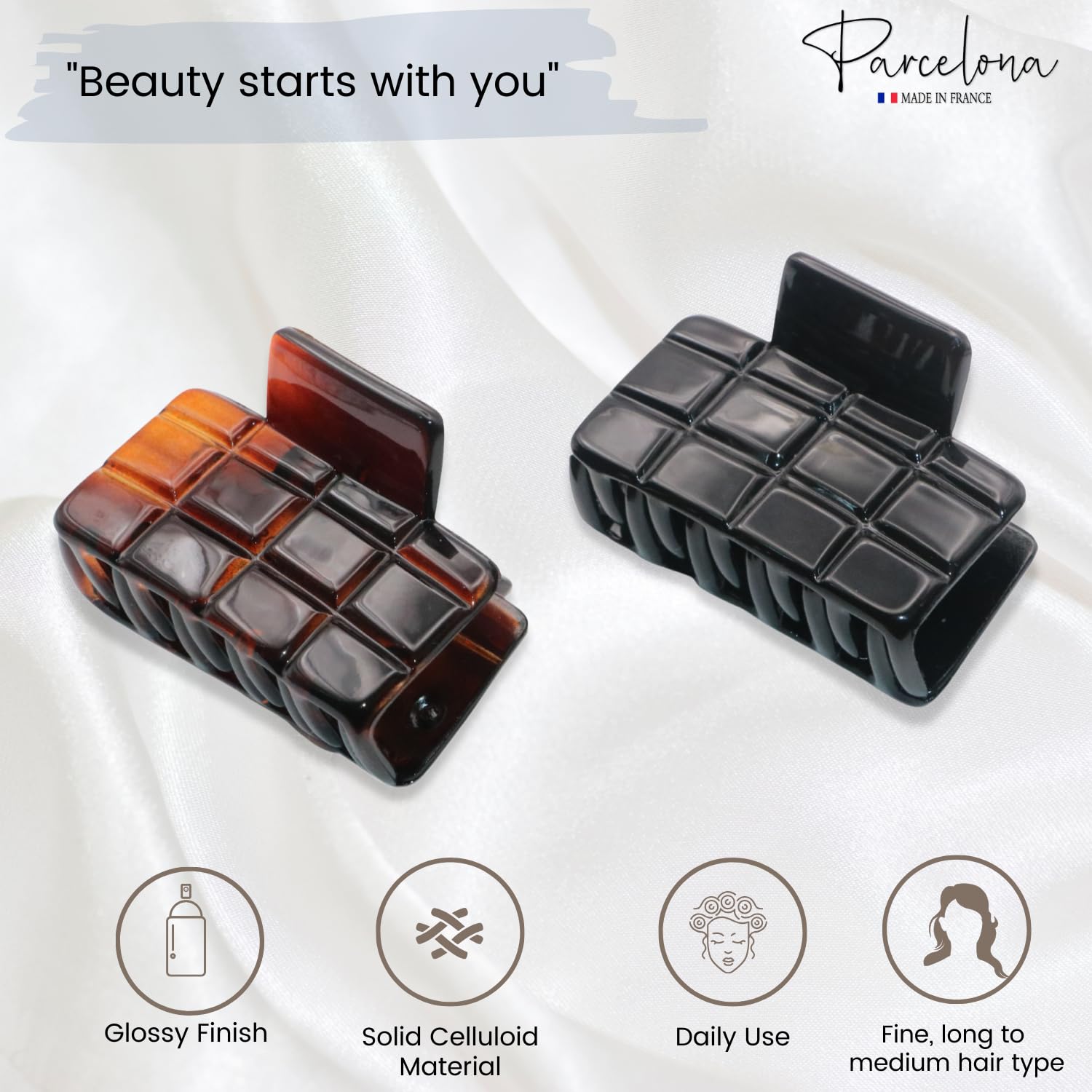 Parcelona French Checkered Small Cellulose Jaw Hair Claw Clamps for Women(2 Pcs)