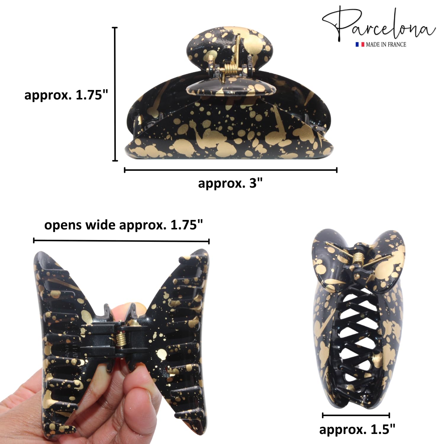 Parcelona French Couture Medium Black N Golden Cellulose Jaw Hair Claw for Women