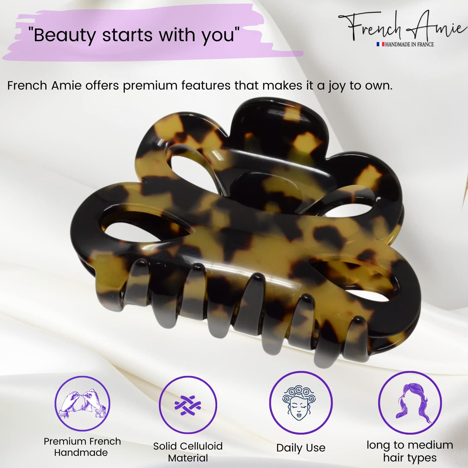French Amie Flower Bloom 3" Handmade Cellulose No Slip Grip Hair Claw Clip