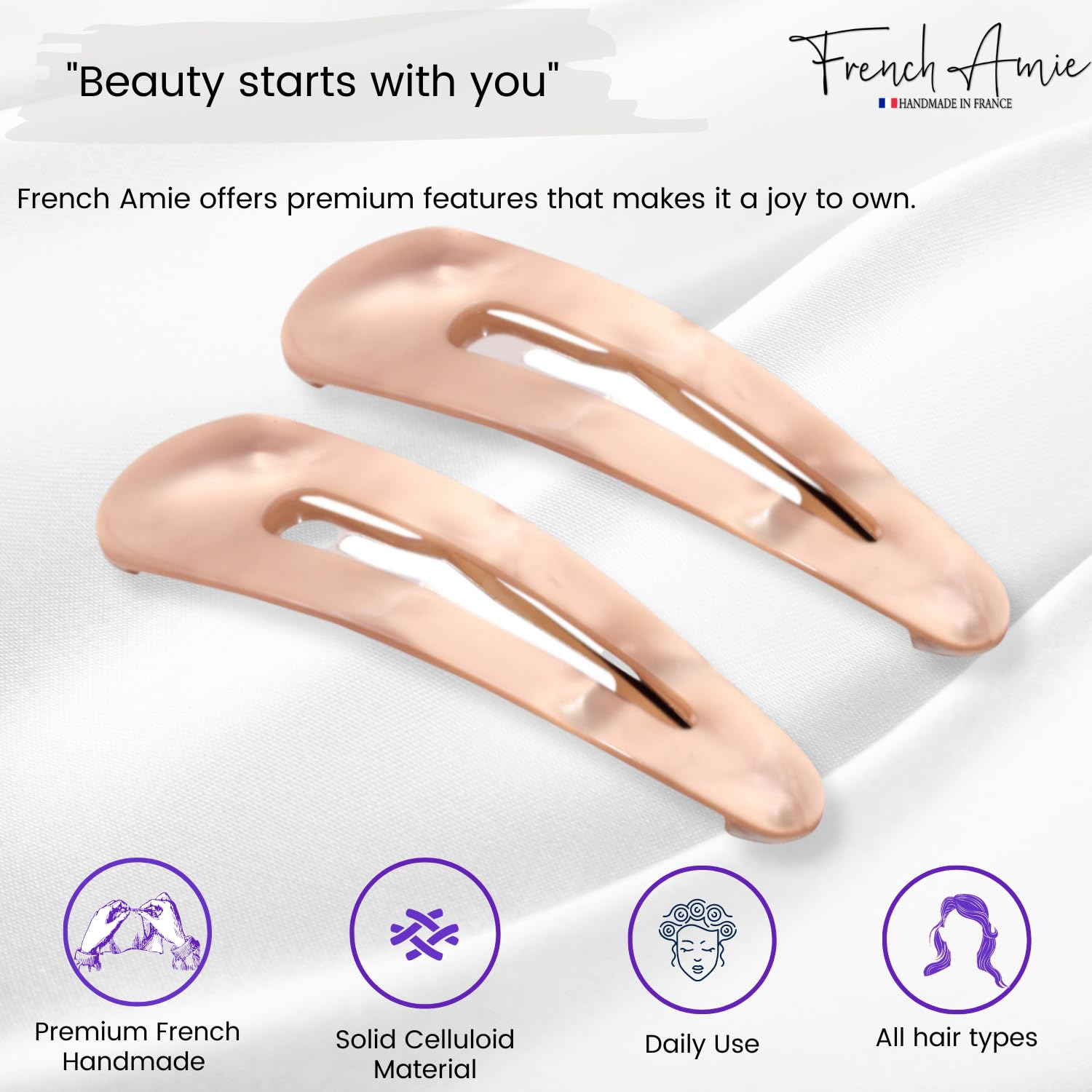 French Amie Clic Clac Large Handmade Cellulose Snap Hair Pins for Women(2 Pcs)