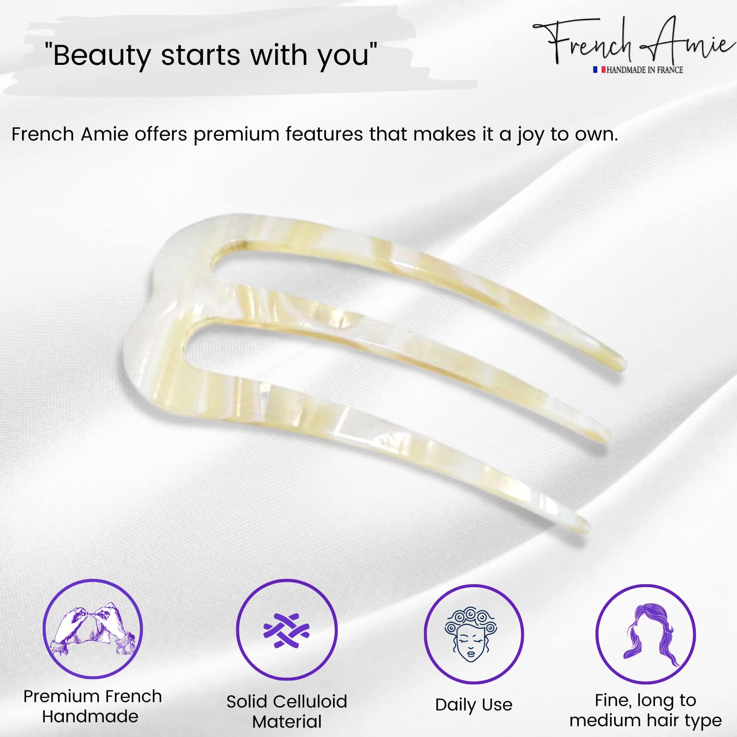 French Amie Tri Prongs 3" Medium Handmade Cellulose Bun Holder Women Hair Pin