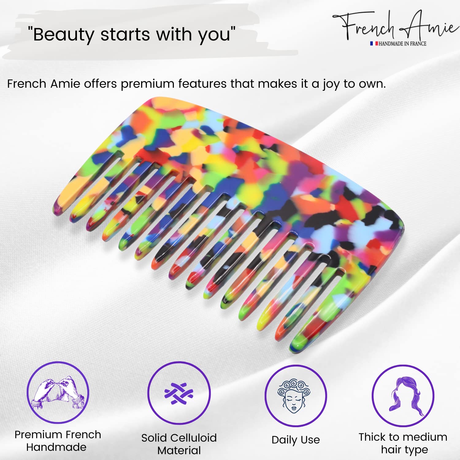 French Amie Pocket Comb Small Cellulose Handmade Wide Tooth Non Static Hair Comb
