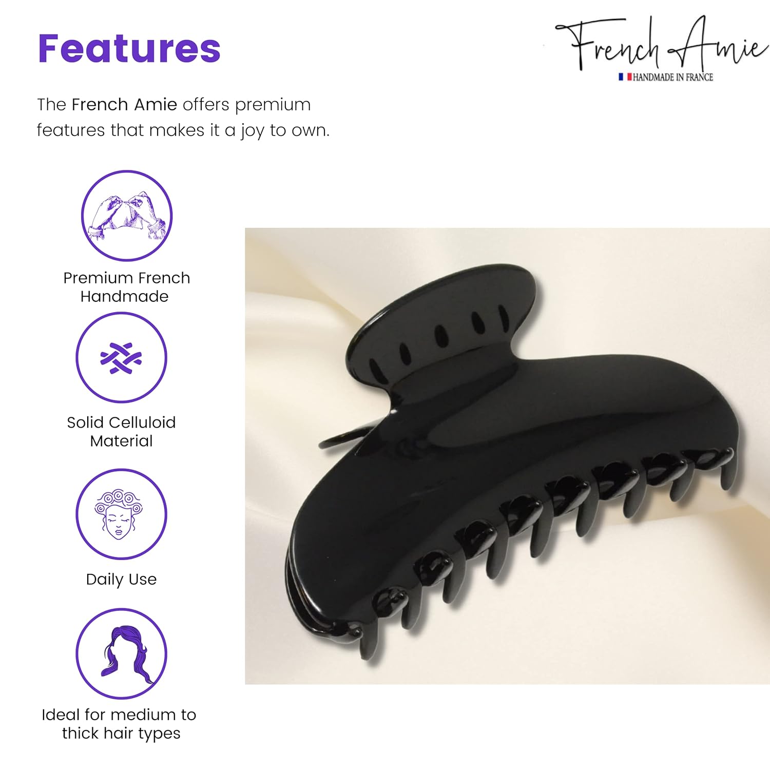 French Amie Thin Oval Large 4 1/4” Handmade Cellulose Acetate Jaw Hair Claw Women
