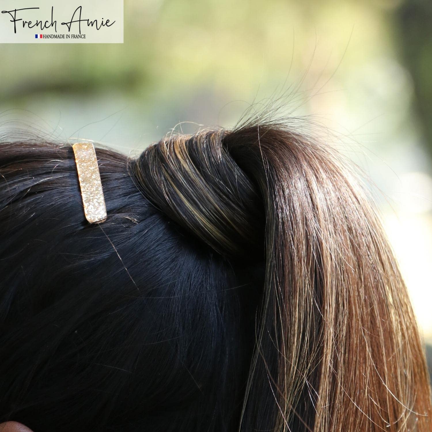 French Amie Rounded Oblong Golden Glitter Small Cellulose Snap Hair Clip 2Pcs