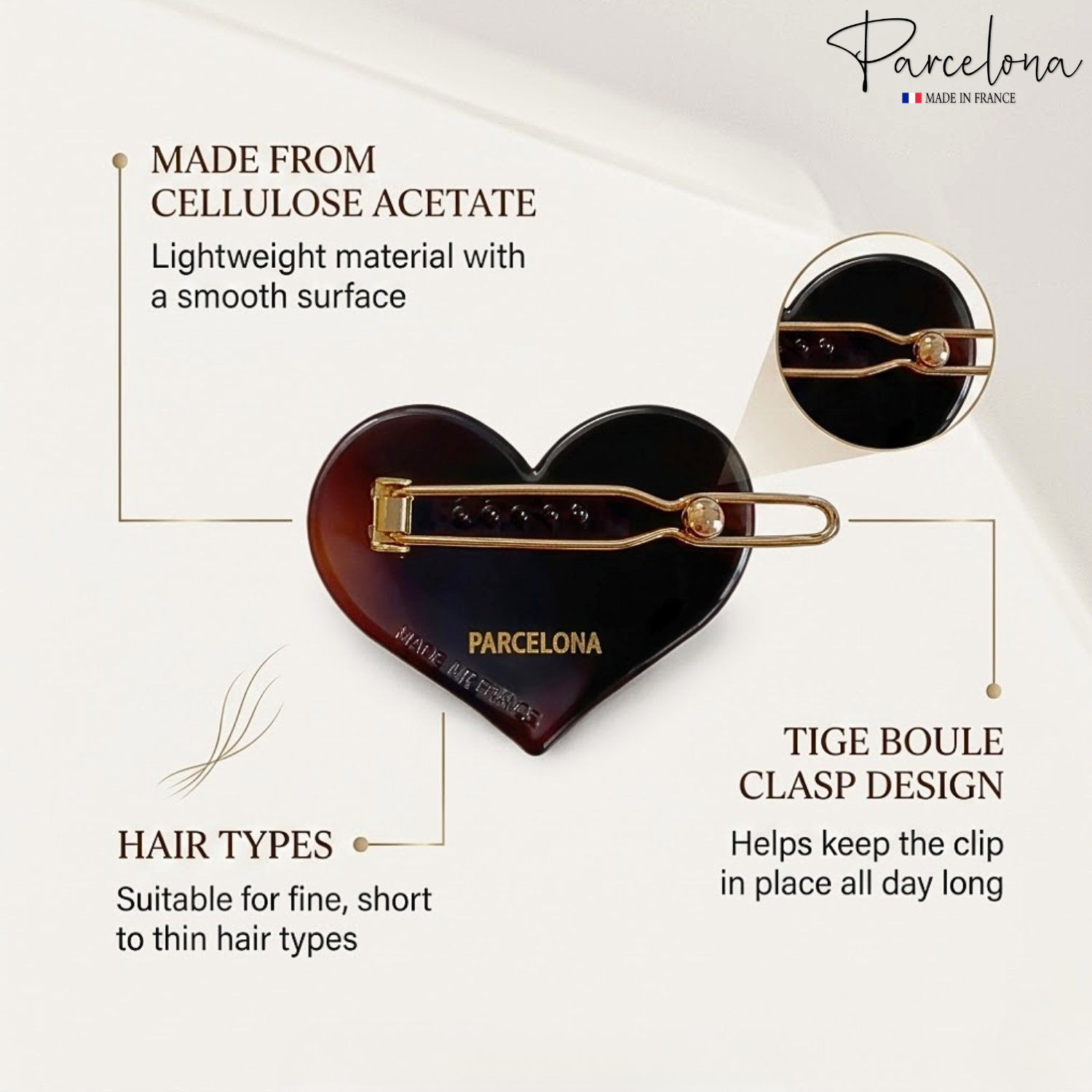 Parcelona Heart 1.75" Tortoise Shell Hair Clip Small Tige Boule Barrette