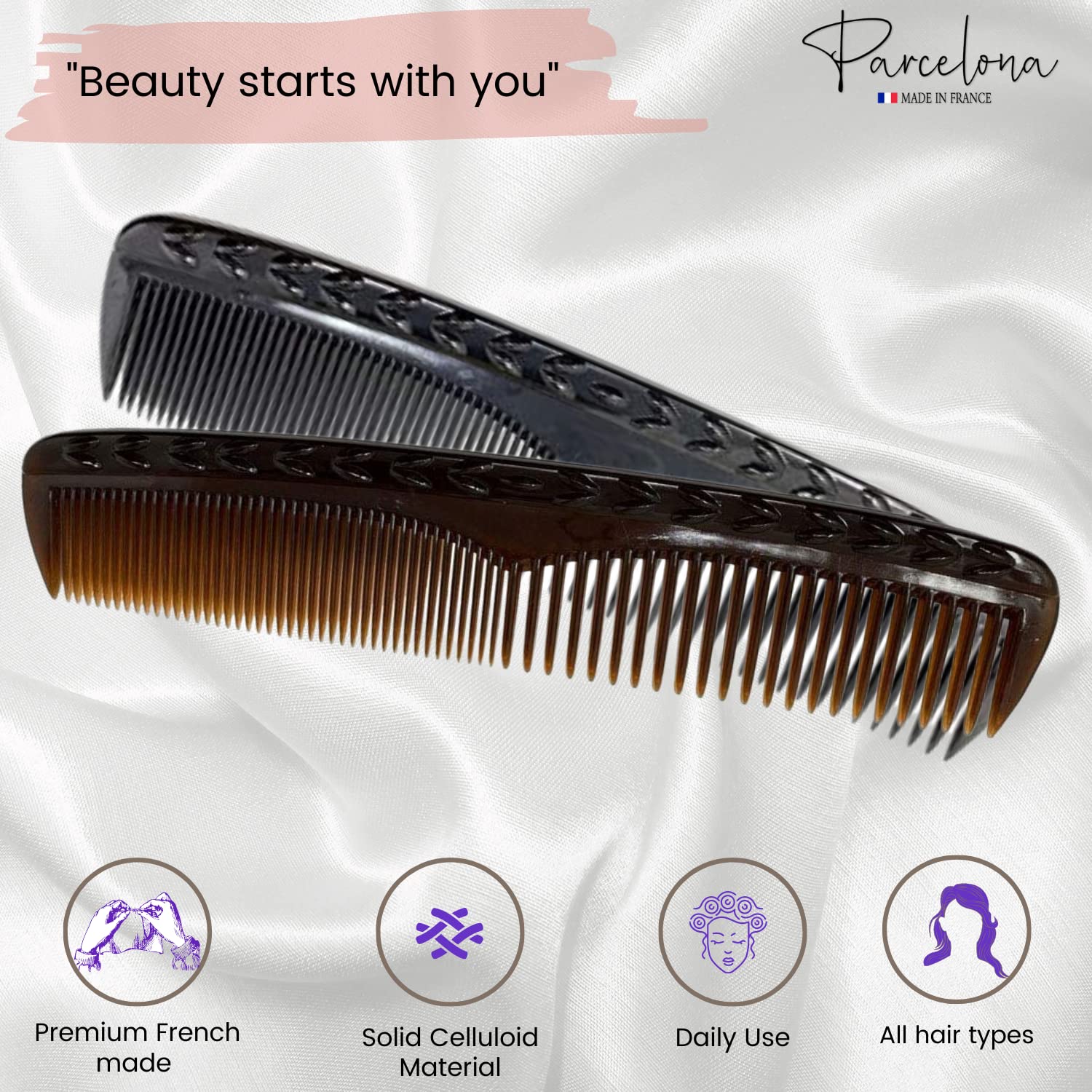 Parcelona French Bordered Cellulose Acetate Toothed Large Dressing Hair Comb 2Pcs