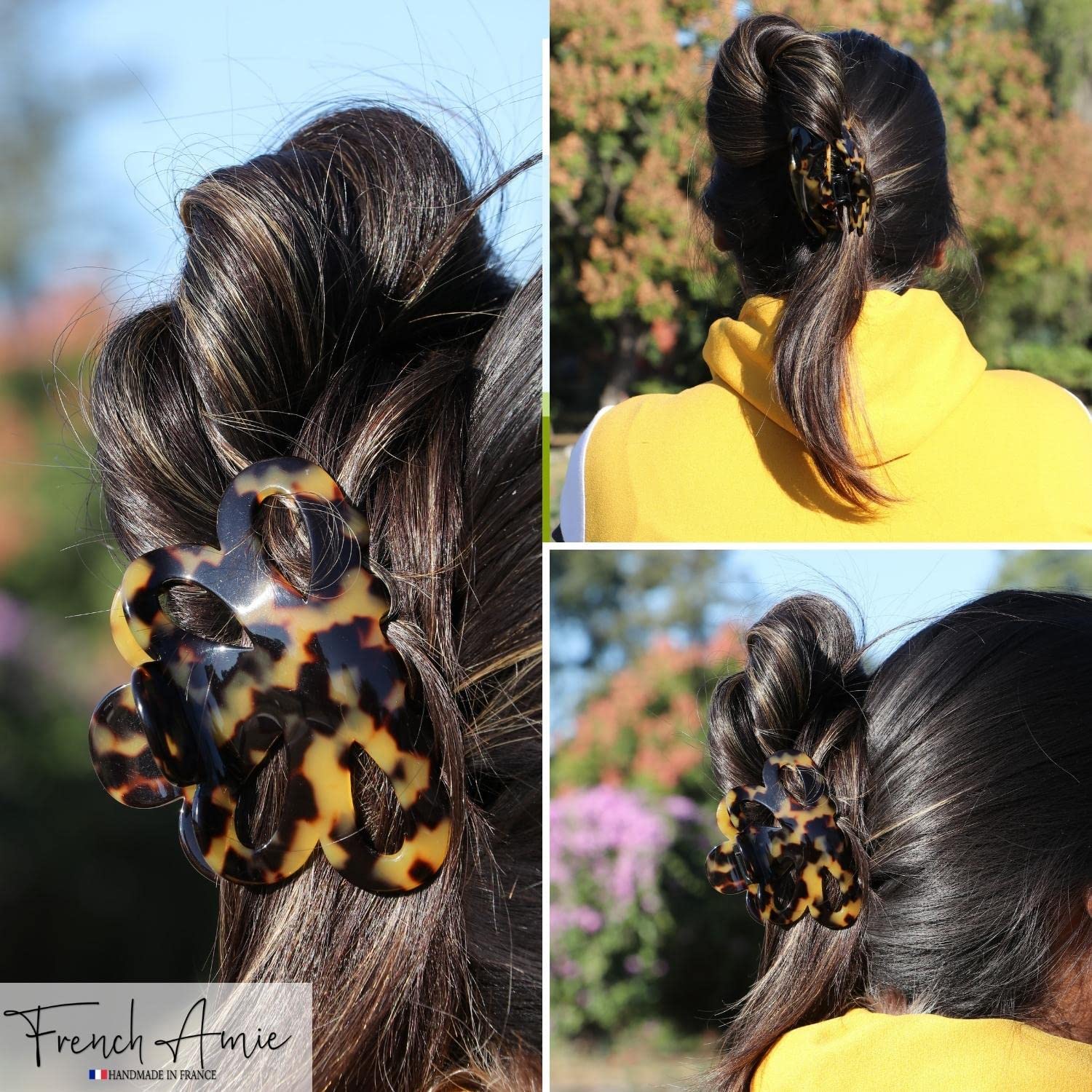 French Amie Flower Bloom 3" Handmade Cellulose No Slip Grip Hair Claw Clip