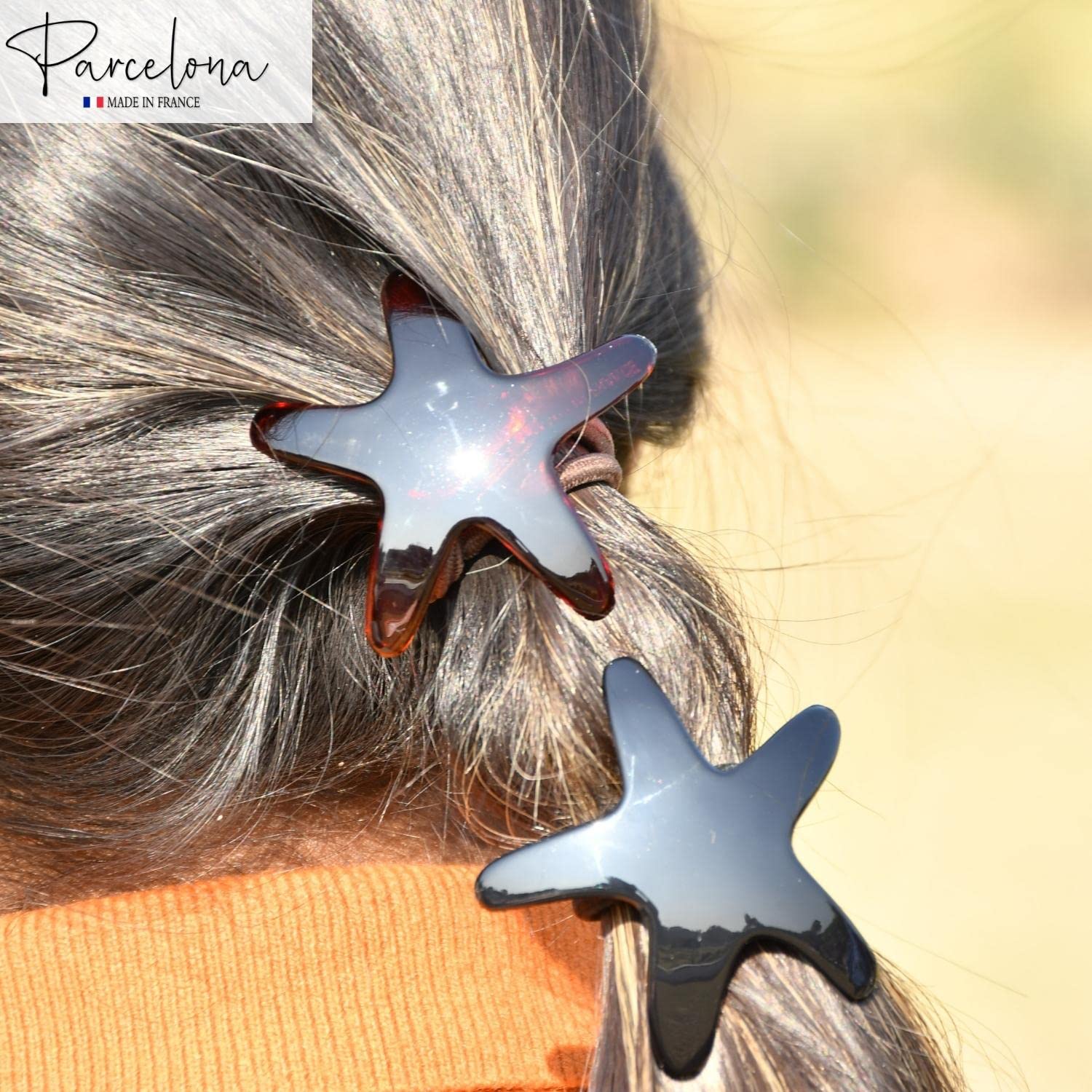 Parcelona French Star Brown Shell and Black Ponytail Holder Hair Elastic
