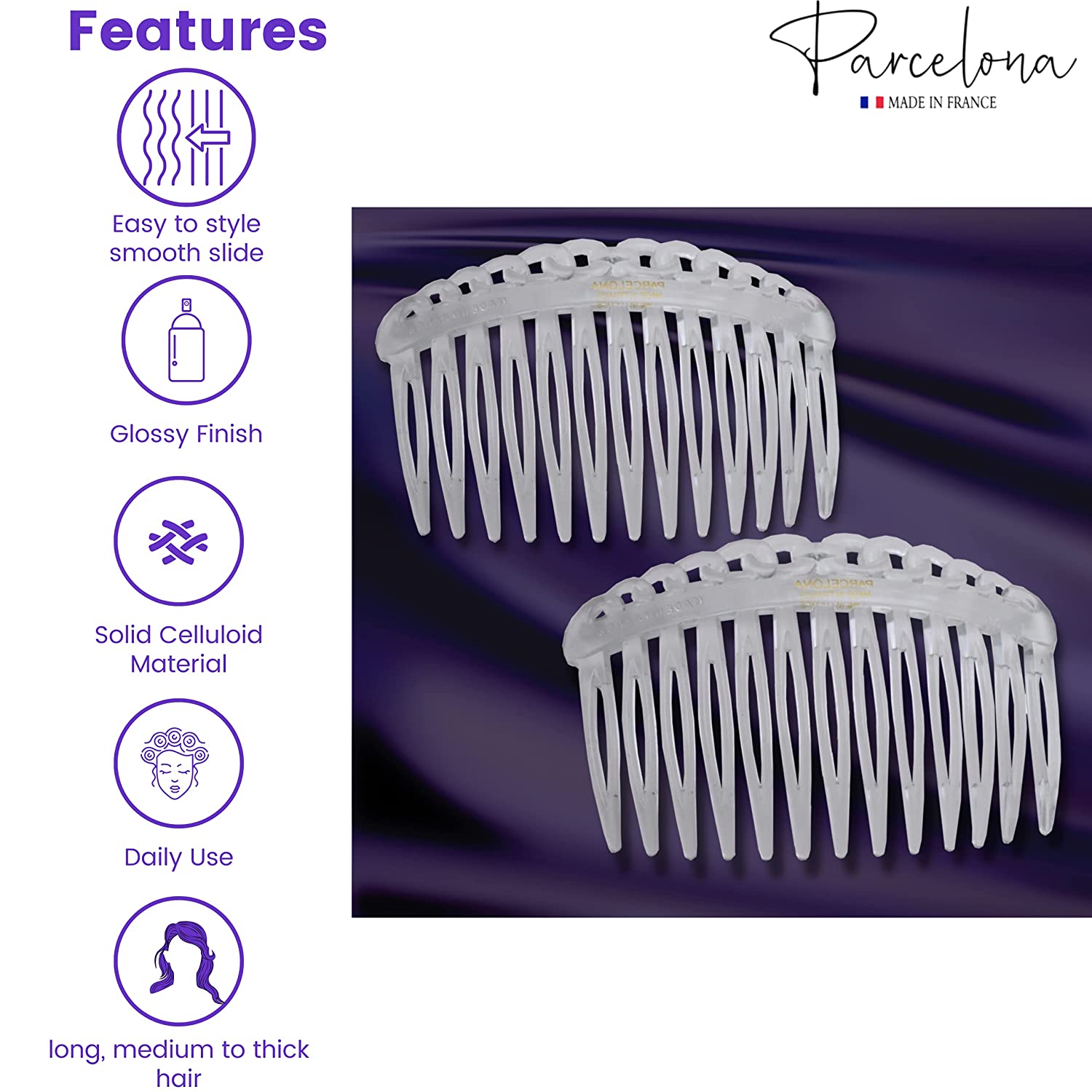 Parcelona French Loop Edge Clear Small 2 3/4" Cellulose Side Hair Combs (2 Pcs)