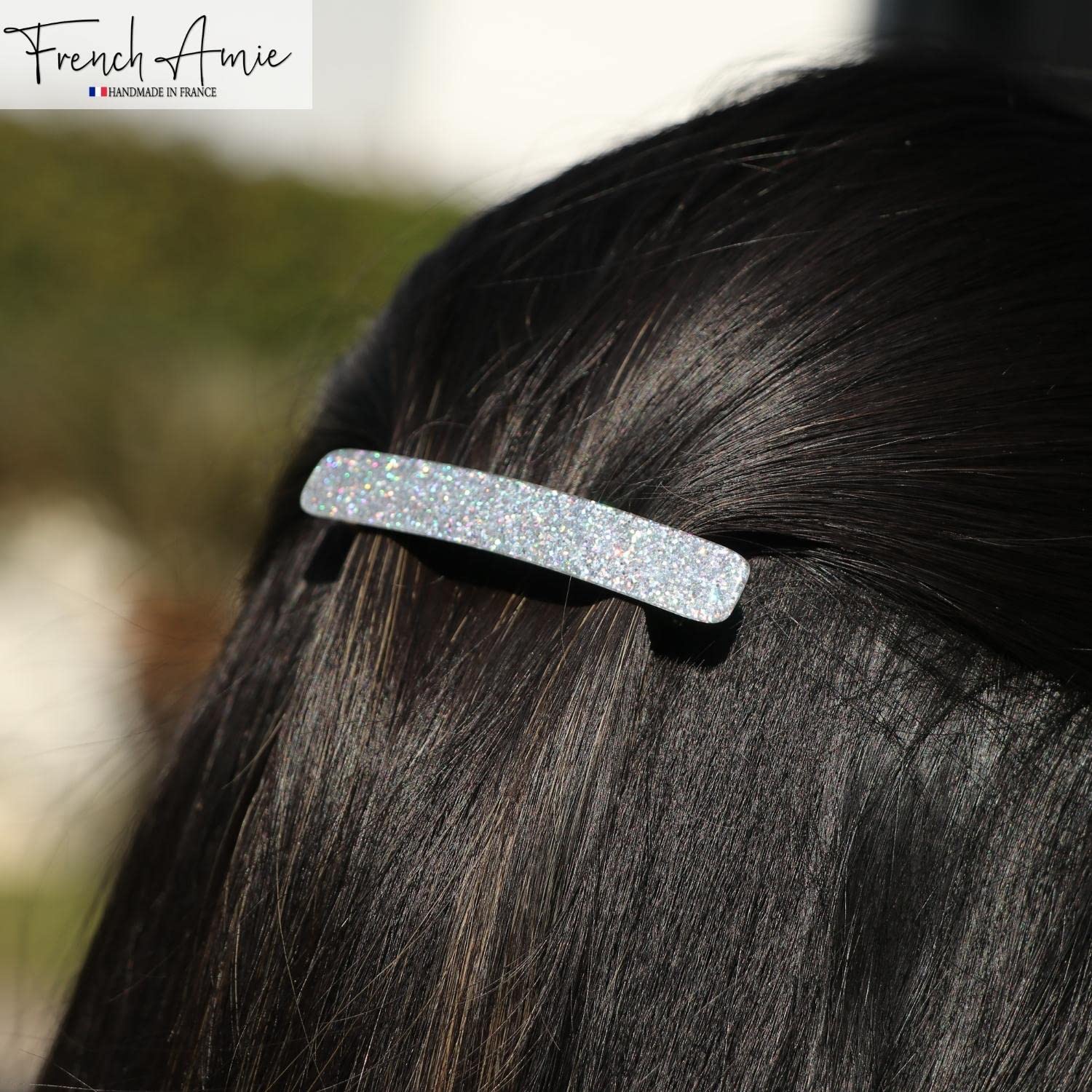 French Amie Small 2 1/4" Glitter Cellulose Acetate Automatic Hair Clip Barrette