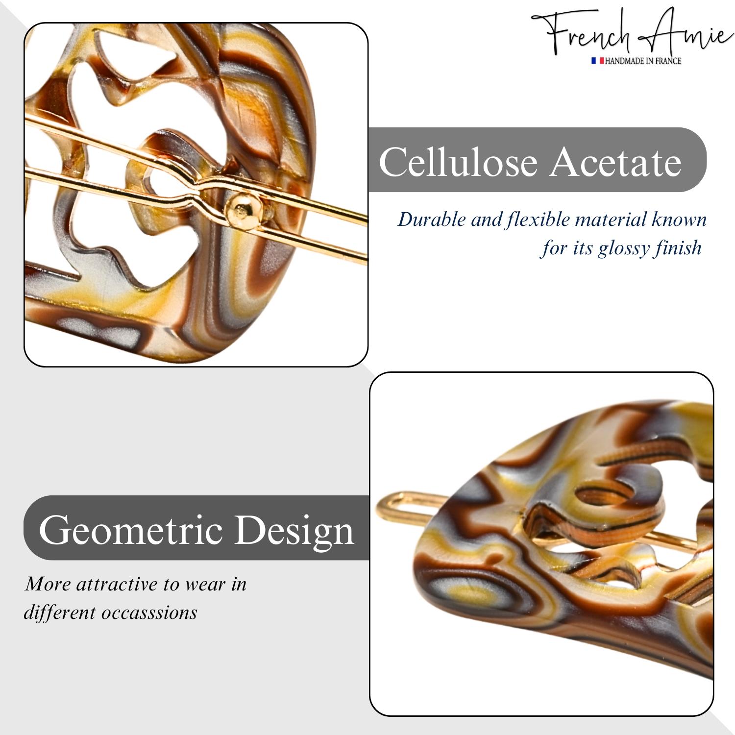 French Amie Swirls 2 ¼” Cellulose Handmade Tige Boule Snap Hair Clips for Women