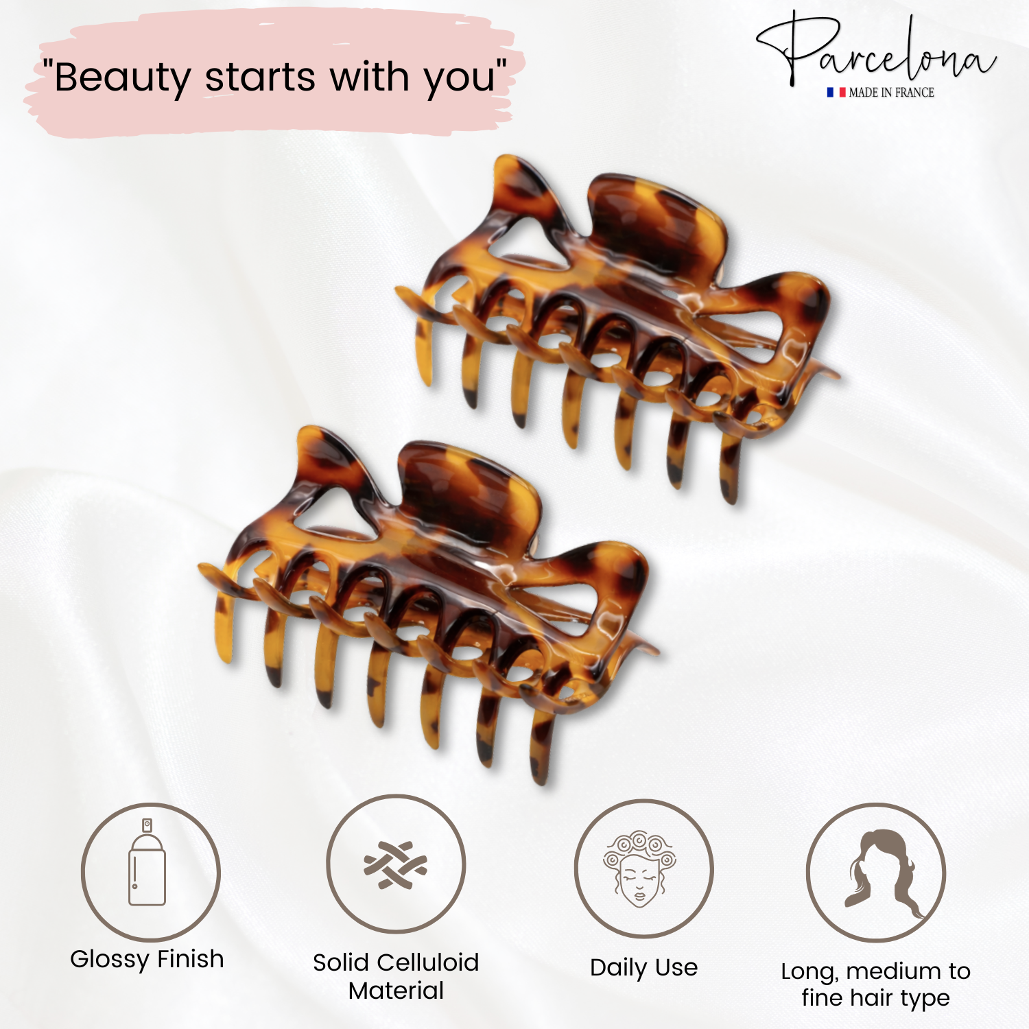 Parcelona French Classic 3" Medium Cellulose Hair Claws for Women & Girls (2Pcs)