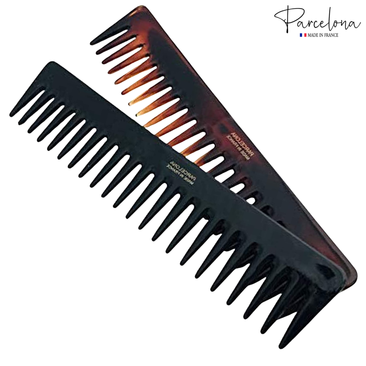 Parcelona French Volume Long Rake Set of 2 Shell Black Cellulose Wide Hair Combs