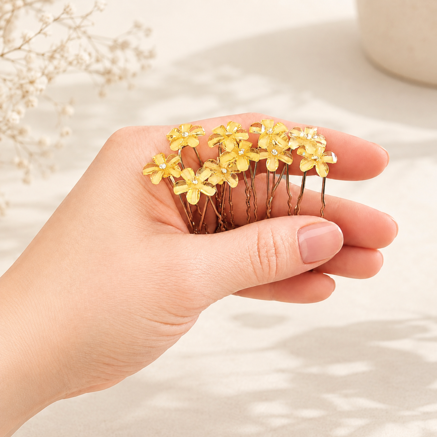 Moeni Petal Yellow Flower Small U Shaped Hair Pins for Women, Pack of 10