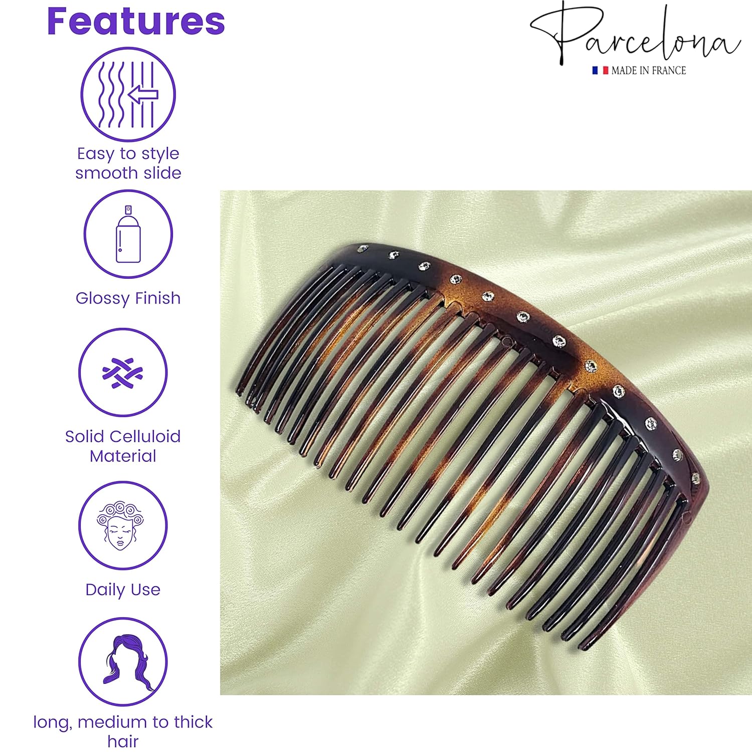 Parcelona French Glossy Crystals Brown Large 4 1/4" Set of 2 Good Grip 23 Teeth