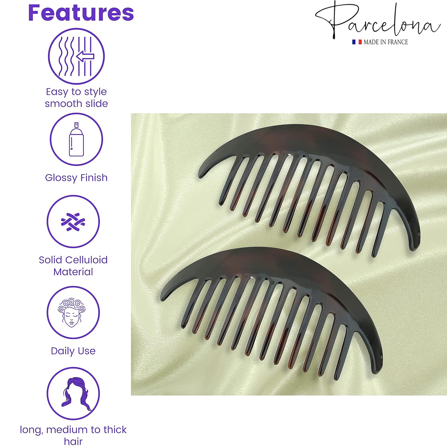 Parcelona French Alice Large Cellulose 12 Teeth Side Hair Combs for Women 2 Pcs