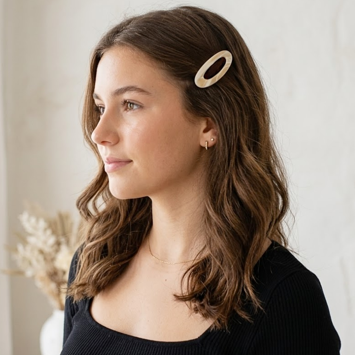 French Amie Oval Cut Out Small Handmade Cellulose Snap Hair Barrette for Women