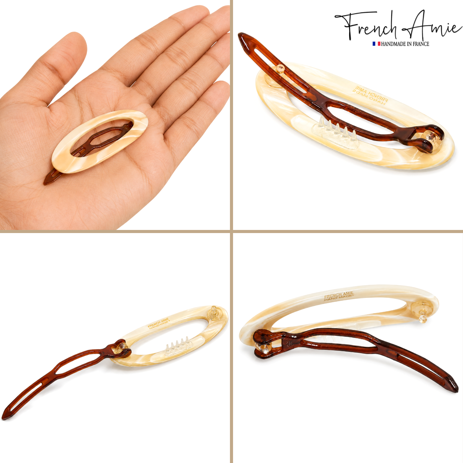 French Amie Oval Cut Out Small Handmade Cellulose Snap Hair Barrette for Women