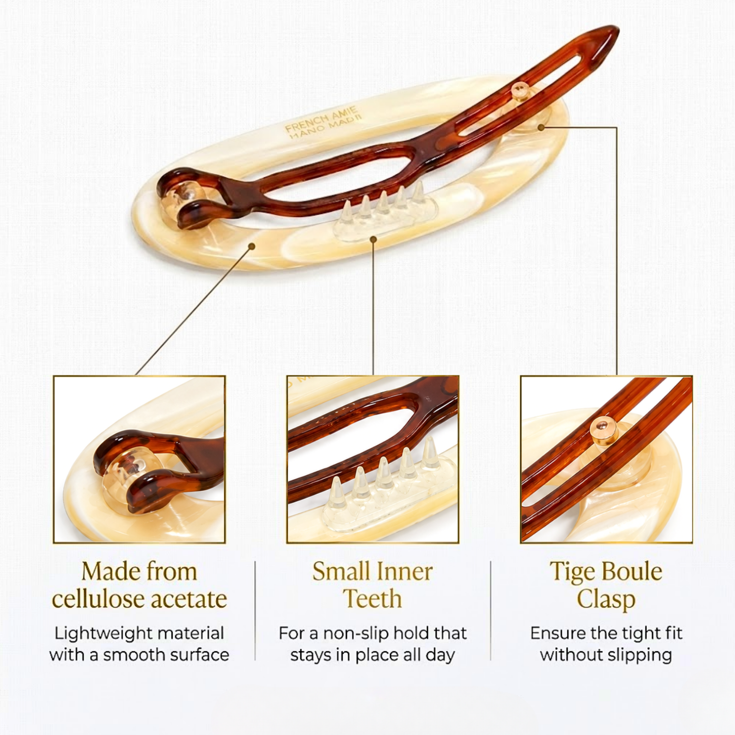 French Amie Oval Cut Out Small Handmade Cellulose Snap Hair Barrette for Women