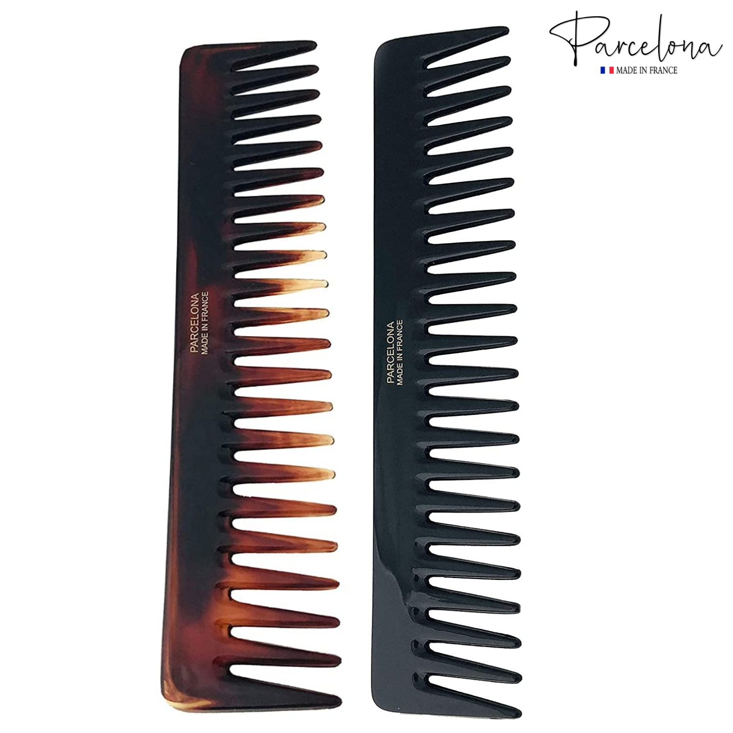 Parcelona French Volume Long Rake Set of 2 Shell Black Cellulose Wide Hair Combs