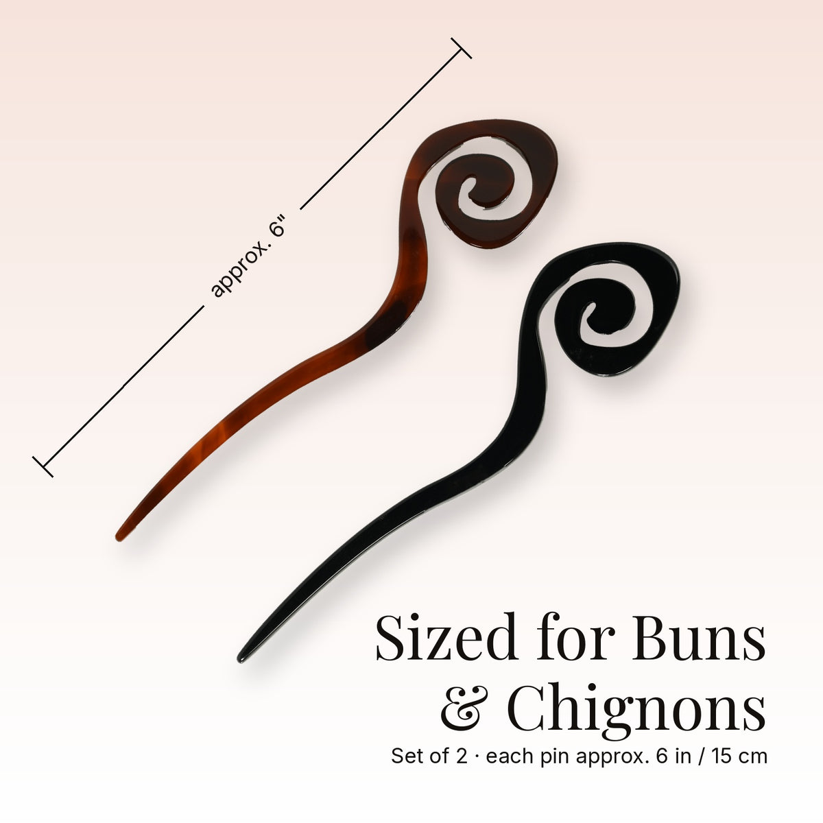 French Amie Swirl 6 Inch Spiral Bun Hair Pins, Tortoise Shell & Black, Set of 2