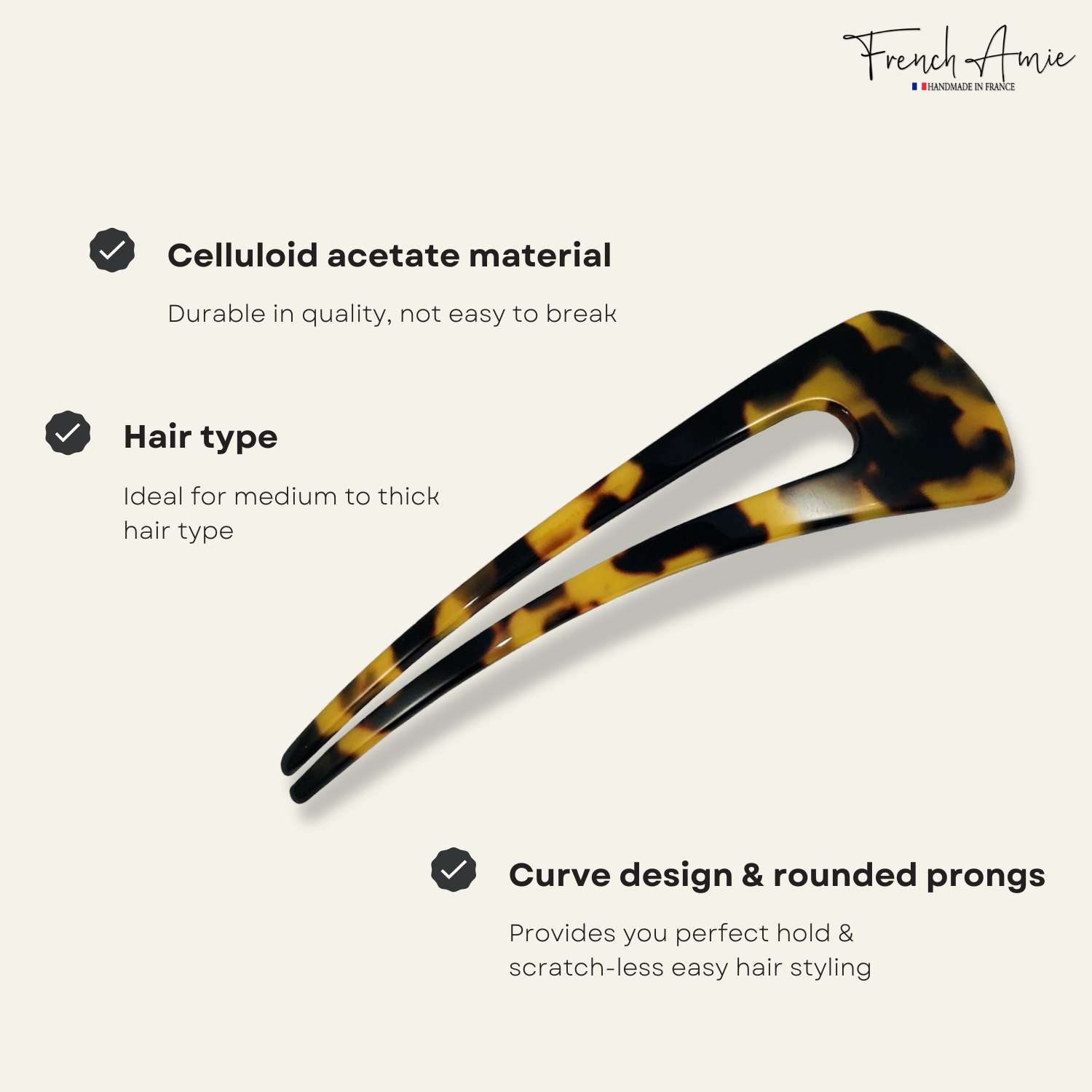 French Amie Grace Long Tokyo Large Cellulose Acetate Chignon U Hair Pin Stick
