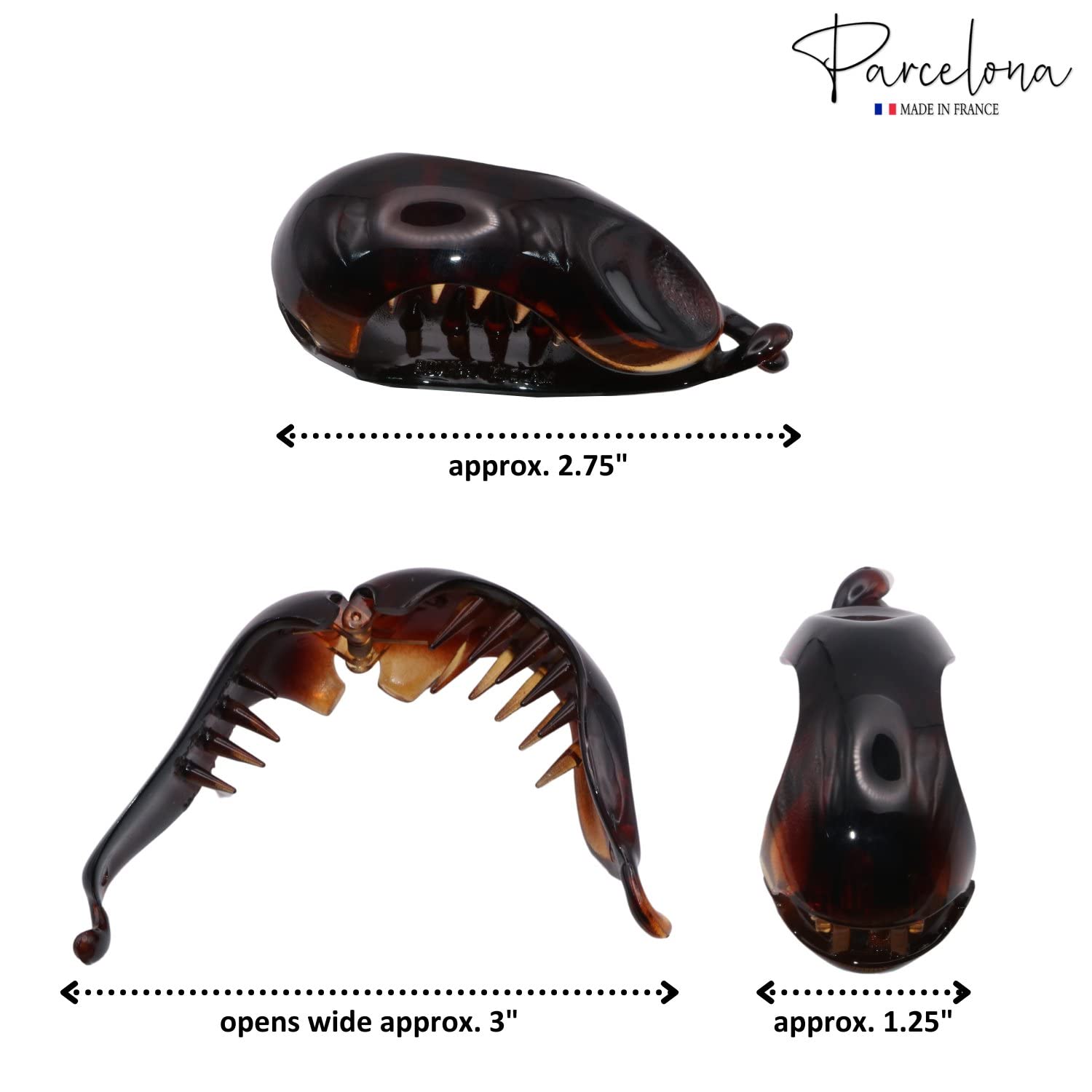 tortoiseshell banana hair clip with measurements on a white background, featuring the 'Parcelona' brand.