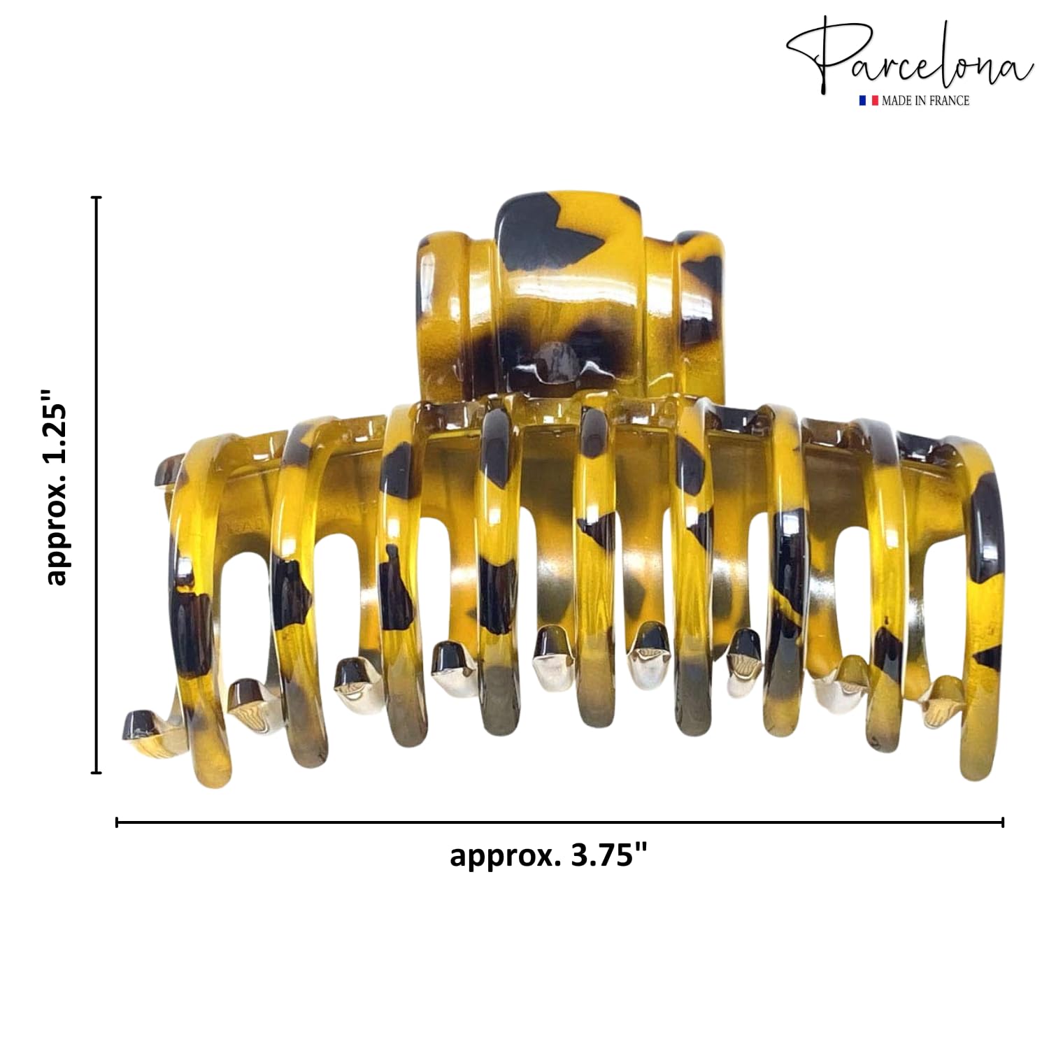 Yellow and black hair clip with dimensions on a white background, featuring the 'Parcelona' brand.