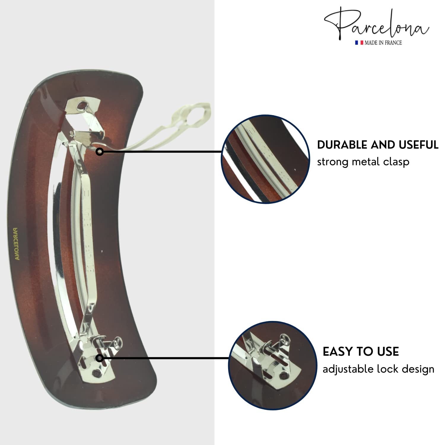 Hair clip with tortoise shell finish and metal clasp, labelled 'Parcelona' and 'Made in France'.
