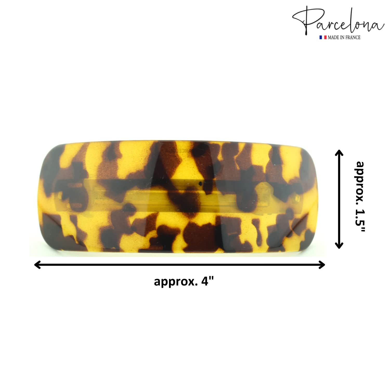 Tortoiseshell patterned case with dimensions on a white background, featuring the 'Parcelona' brand.