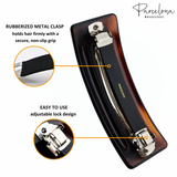 Hair clip with rubberized metal clasp and adjustable lock design, featuring Parcelona branding.
