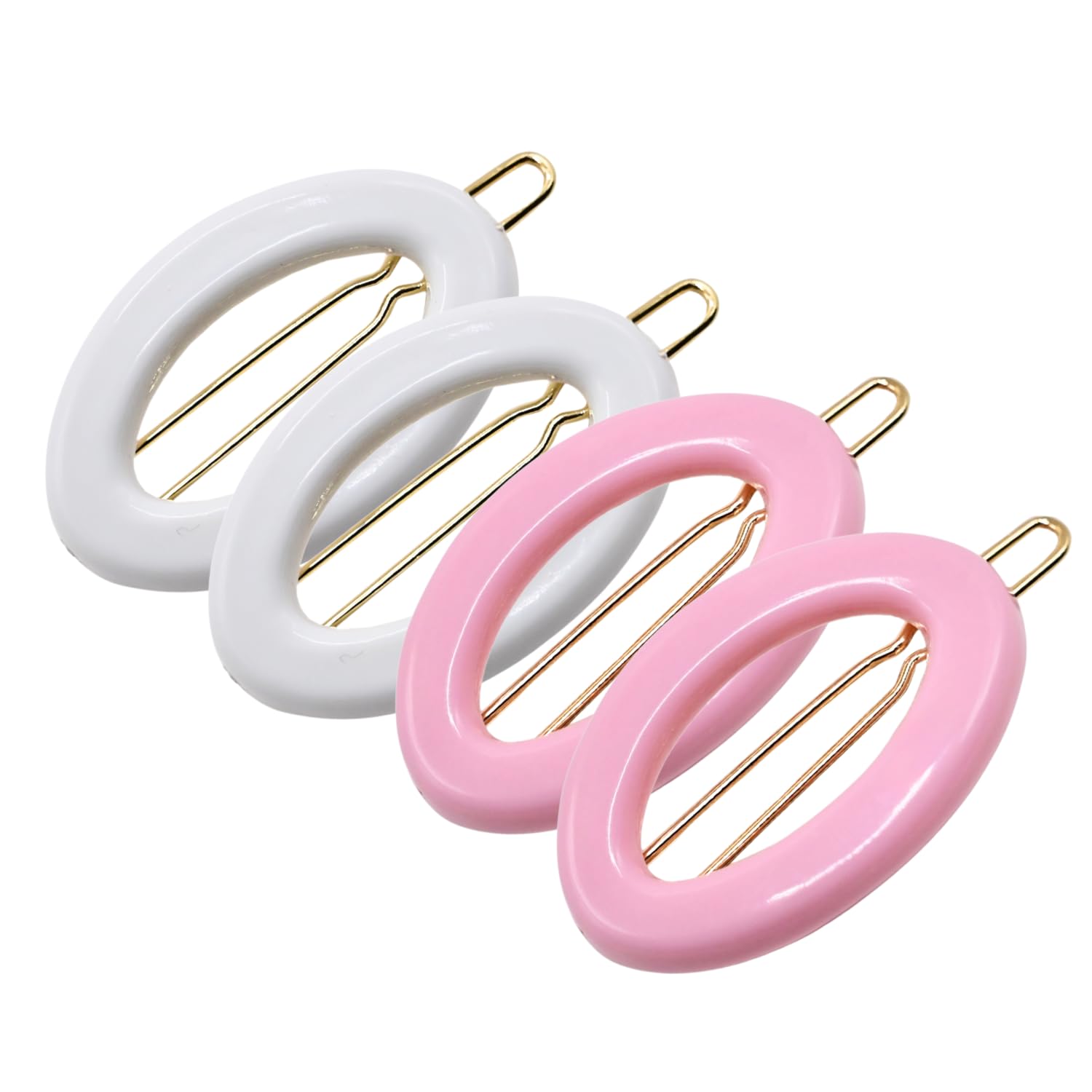 Two white and two pink hair clips with gold metal parts on a white background