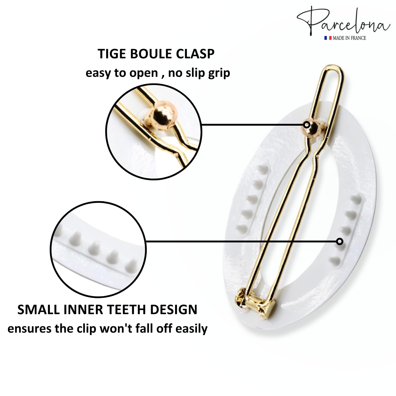 Gold Tige Boule clasp with features highlighted on a white background, featuring the Parcelona brand.