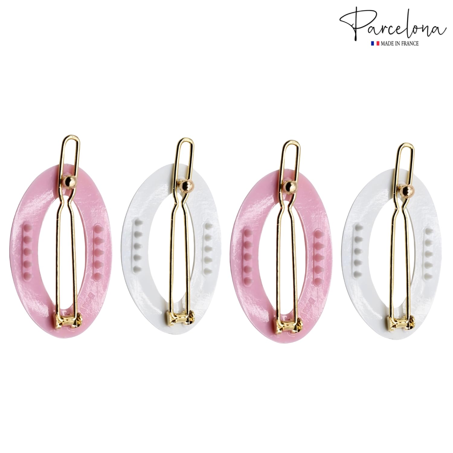 Pair of pink and white snap hair clips with gold accents on a white background, featuring the 'Parcelona' brand.