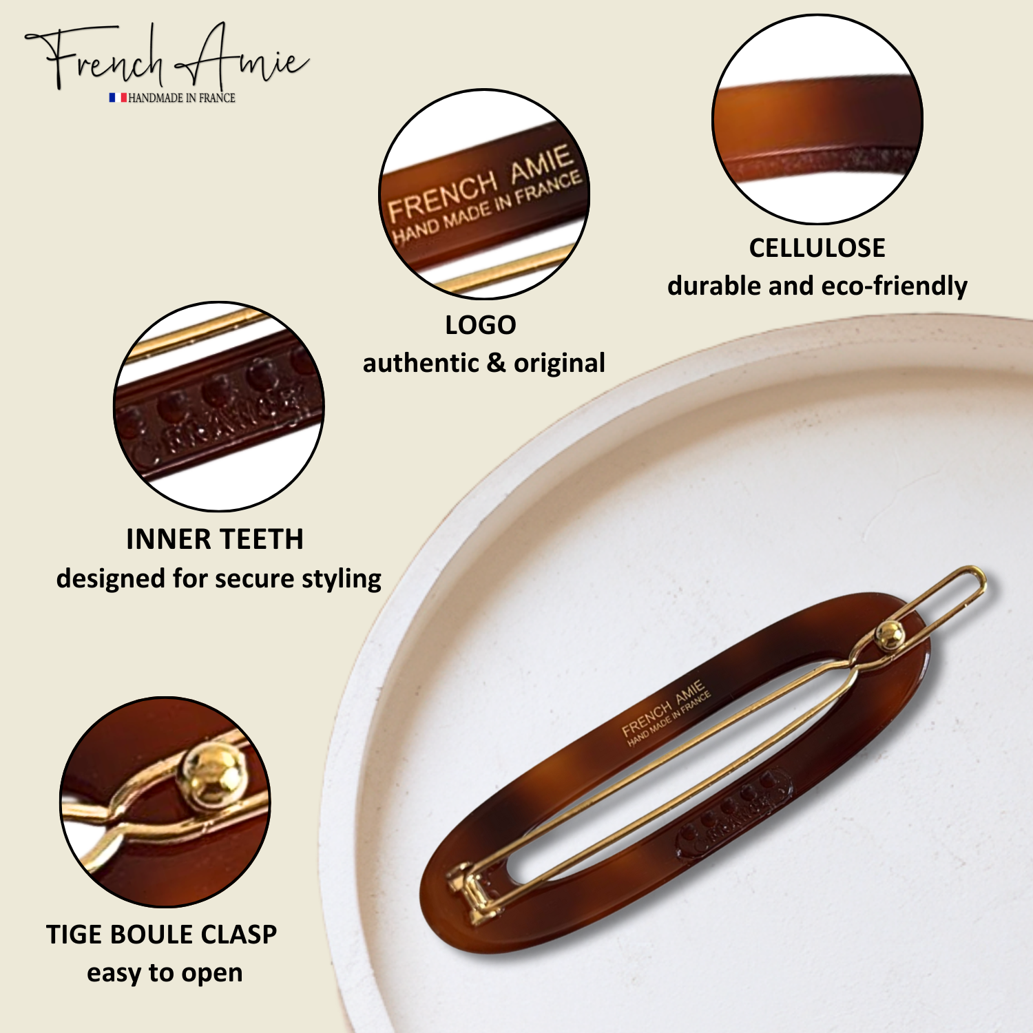 Brown hair clip on a beige background, featuring text about French Amie brand and product features.