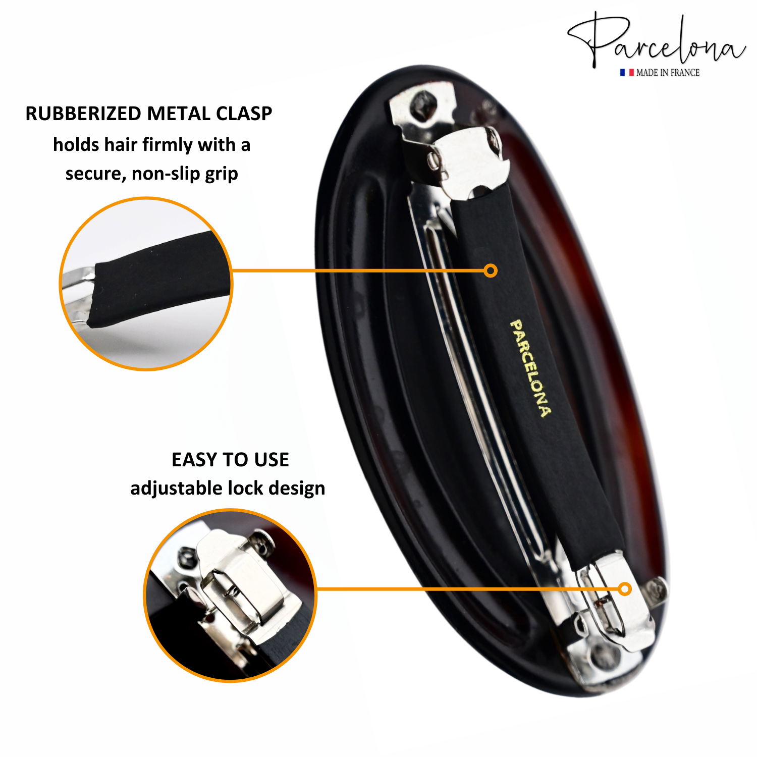 hair barrette with rubberized metal clasp and adjustable lock design, featuring Parcelona branding.
