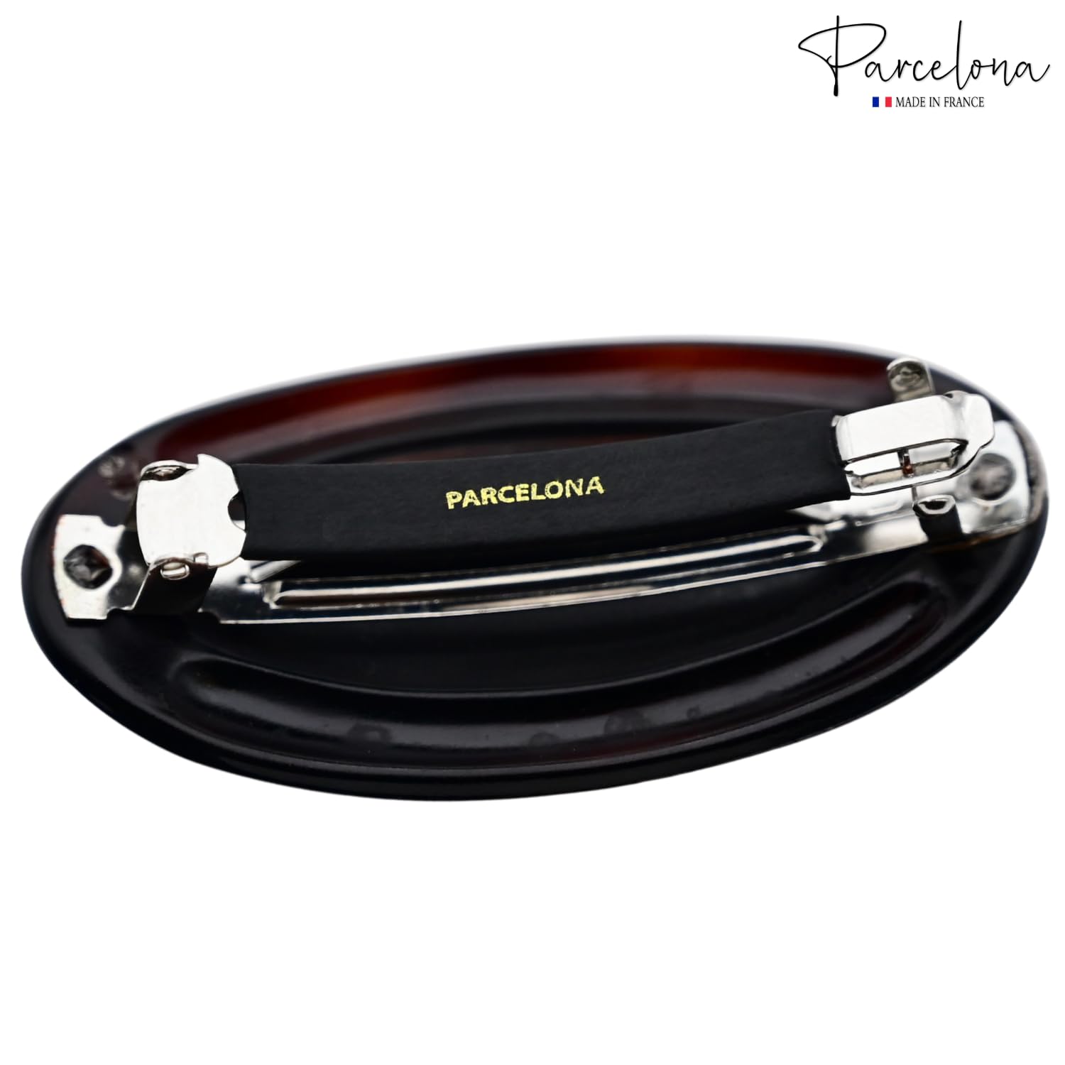 Brown hair clip with metal parts on a white background, featuring the 'Parcelona' brand.