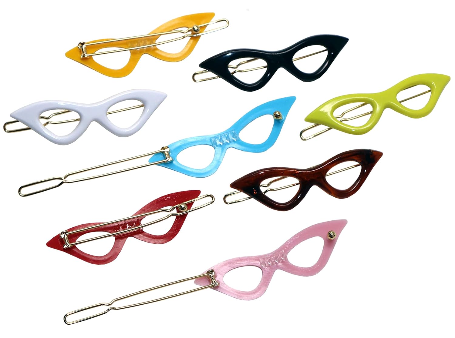 Set of colorful cat-eye hair clips on a white background