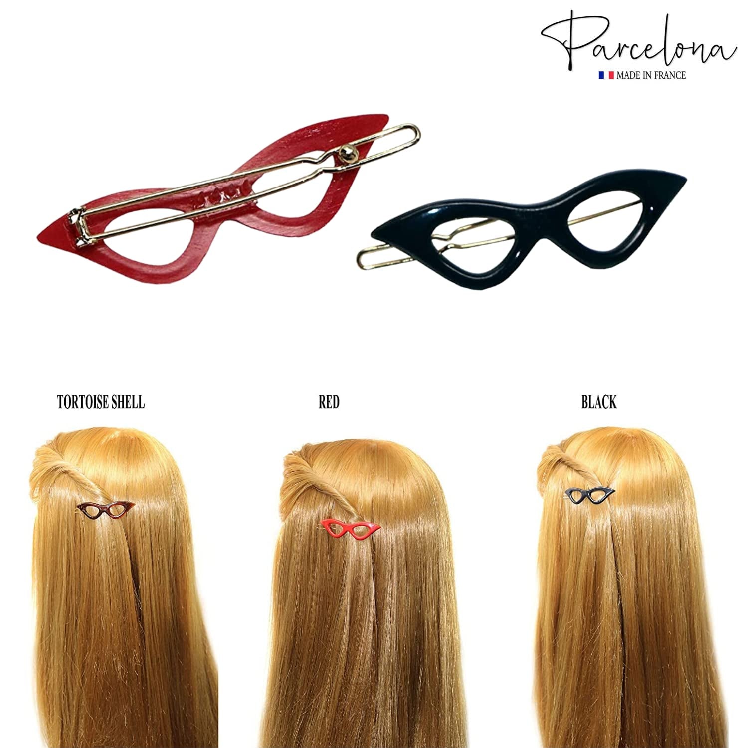 Two cat-eye hair clips, one red and one black, with examples of how they look on hair.