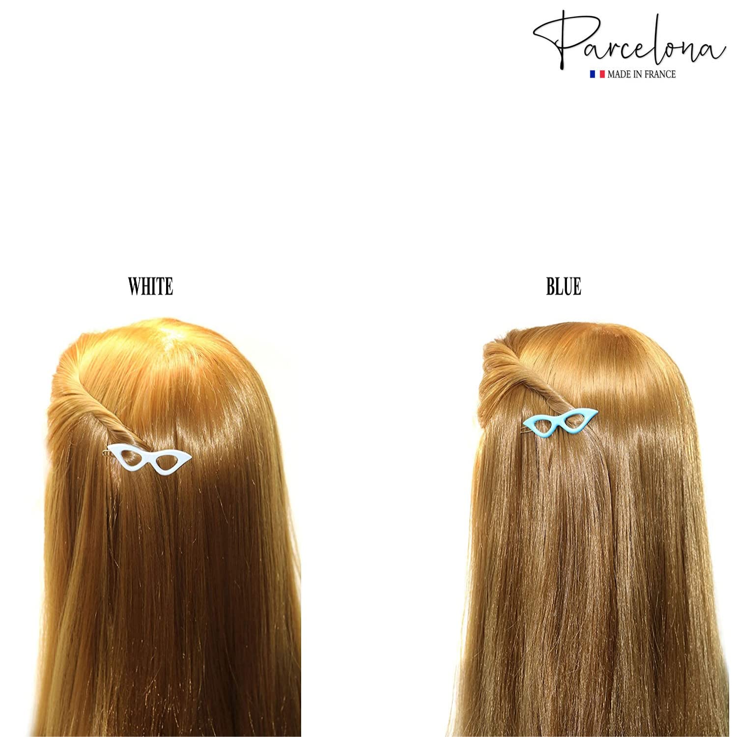 Two hairstyles with white and blue hair clips on a white background, featuring the 'Parcelona' brand.