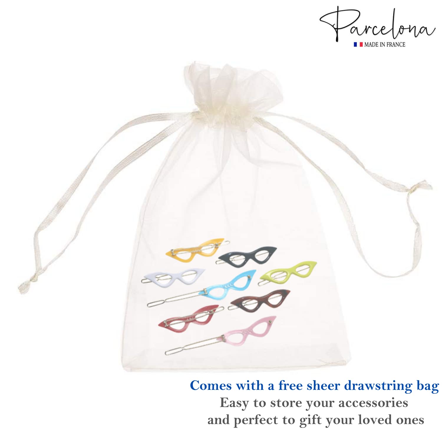 Set of colorful hair clips with a free sheer drawstring bag on a white background, featuring the 'Parcelona' brand.