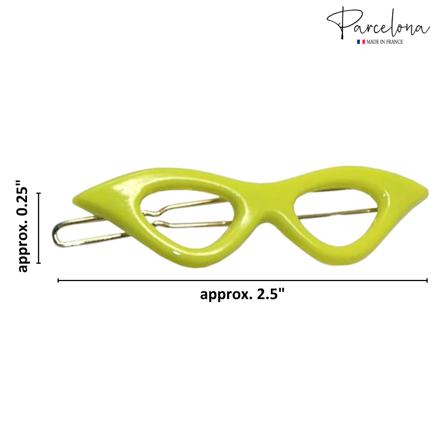 Neon cat-eye hair clip with dimensions on a white background, featuring the 'Parcelona' brand.