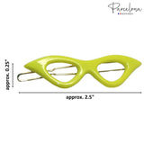 Neon cat-eye hair clip with dimensions on a white background, featuring the 'Parcelona' brand.