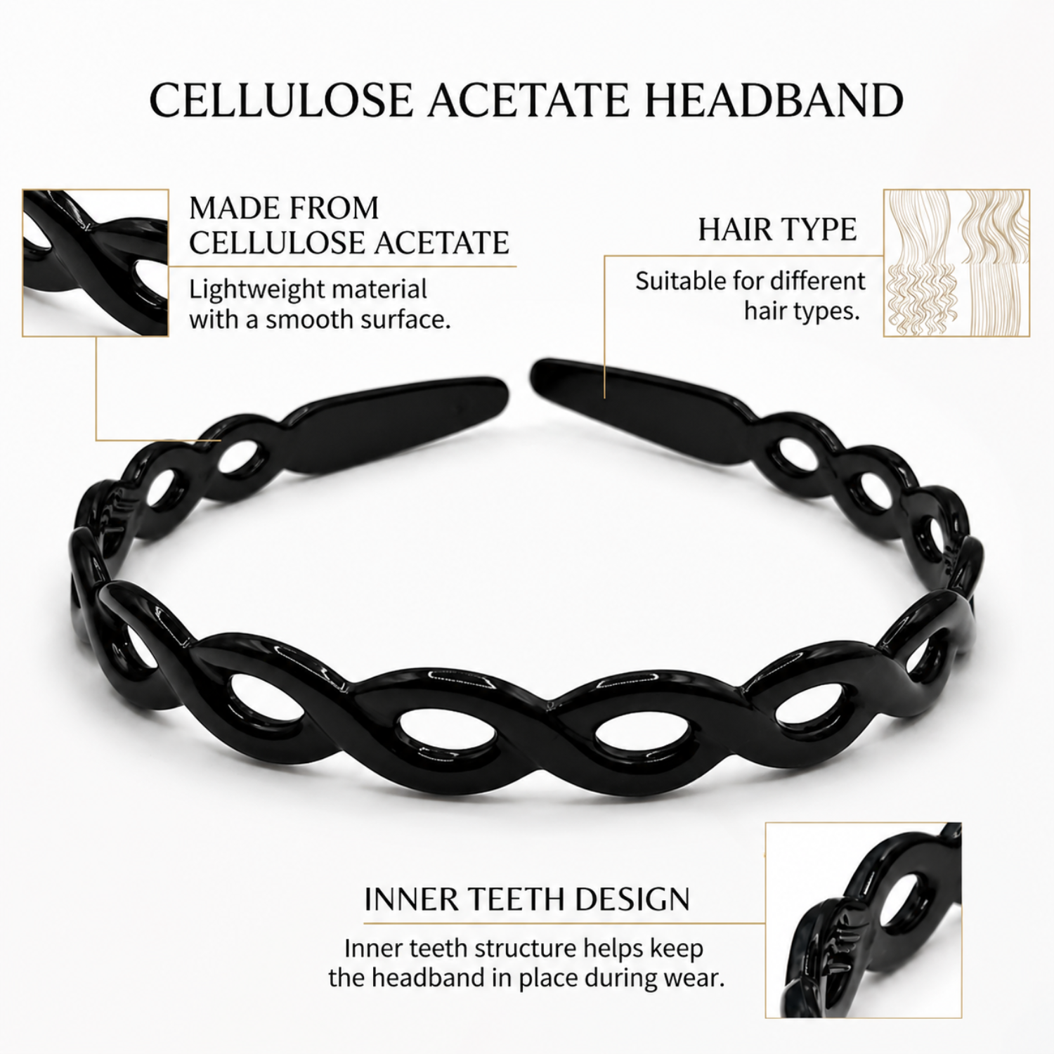 Parcelona Chain Link Hair Band Cellulose Acetate Inner Teeth Women Headband